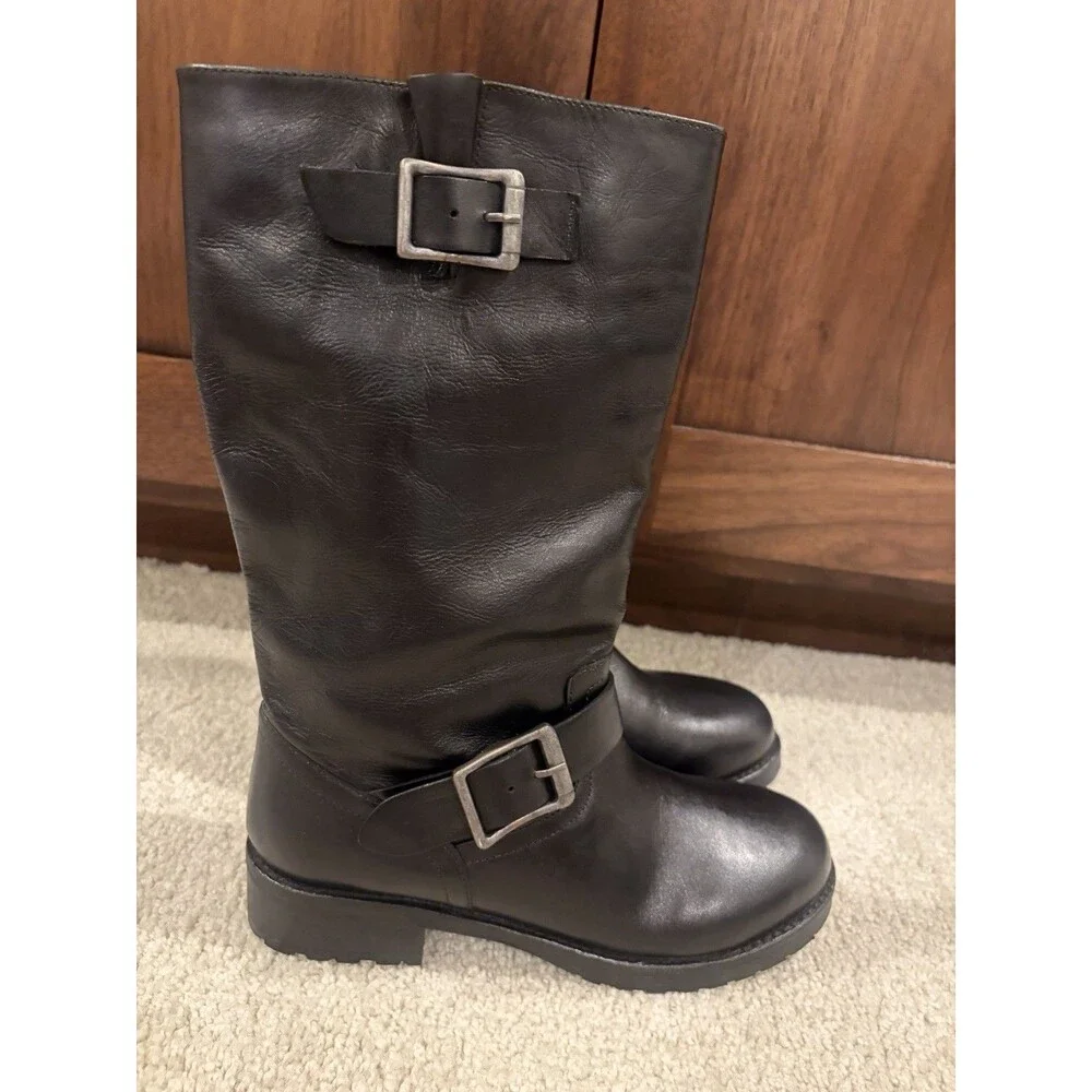 Free People Black Leather Moto Boots with Buckle Detail